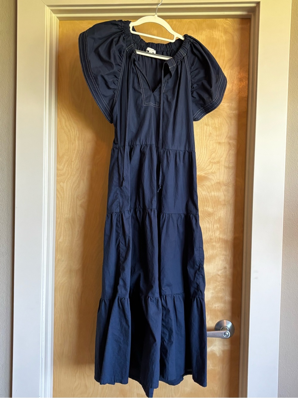 Joe's Jeans Tiered Midi Dress Navy 100% Cotton Flutter Sleeve Tie Neck XS
